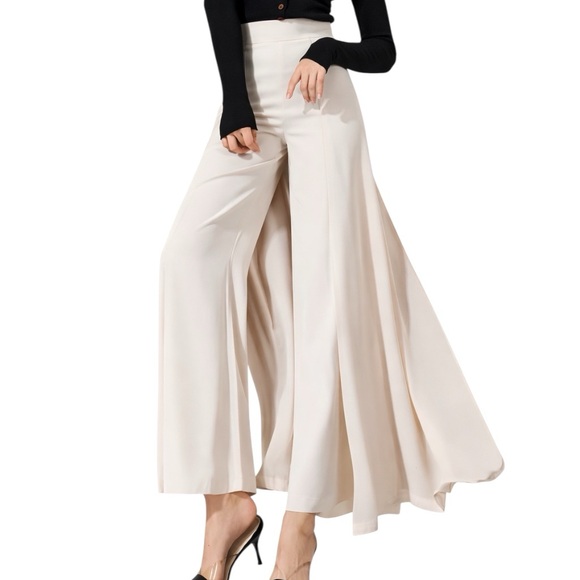 Creamy Beige Chiffon Panel High Waist Pants The Zakira